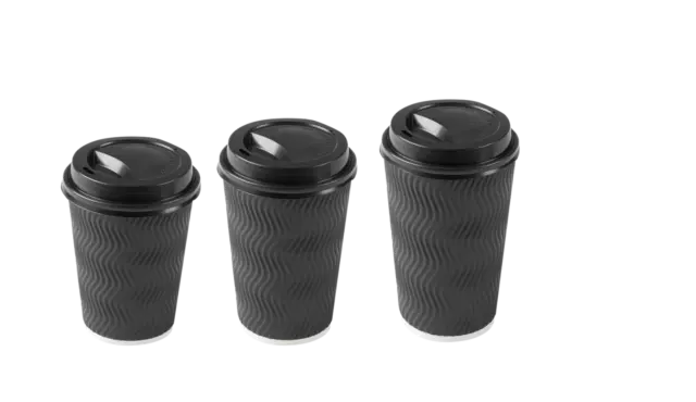 8/12/16oz (BLACK) Insulated Disposable Double Wall Ripple Coffee Cups Paper Cups