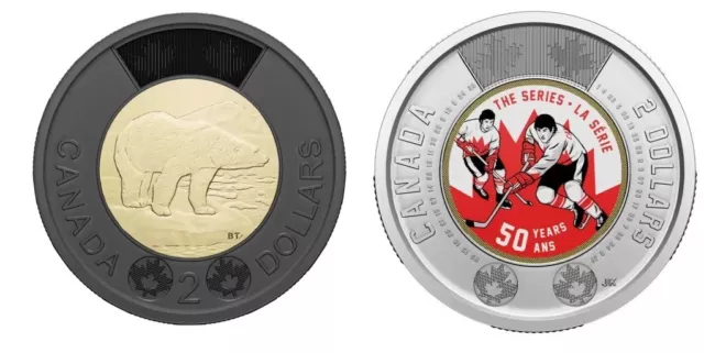 Canada 2022 set 2x $2 toonie color hockey + black coins Canadian 50 anniversary