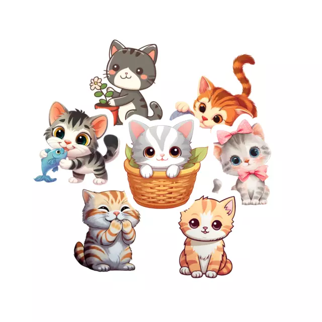 12 Pack Cute Kawaii Cat Glossy Stickers - Party Bag Fillers - Fun Gifts