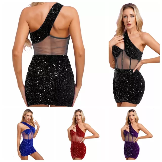 Sexy Damen Glitzer Pailletten Netz Patchwork eine Schulter Nachtclub Party Minikleid