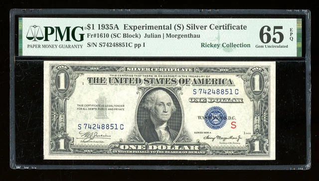 DBR 1935-A $1 Silver Experimental (S) Gem Fr. 1610 PMG 65 EPQ Serial S74248851C
