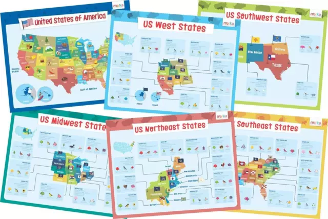 Merka USA Map and States - 6 Educational Classroom Posters for Kids 17x22”