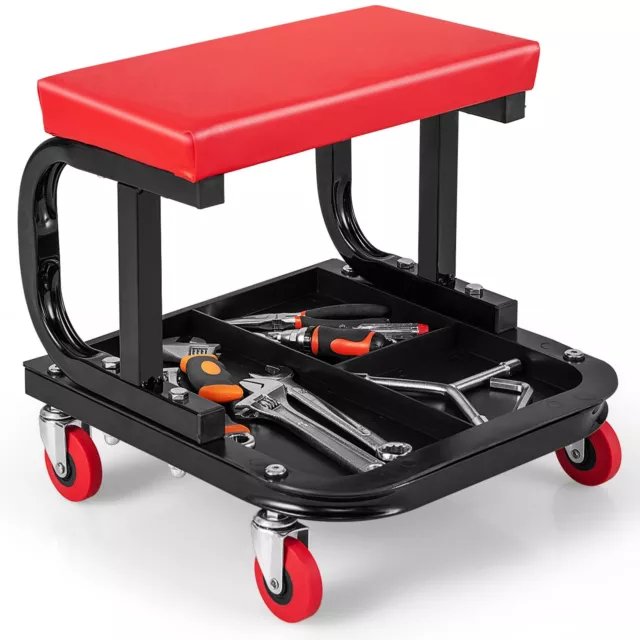 Rolling Workshop Creeper Soft Padded Seat Mechanic Stool with Tool Tray Storage