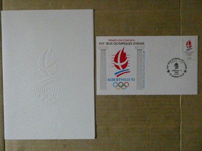 LOT PREMIER JOUR : 1 ENVELOPPE, 1 ENCART XVIe JEUX OLYMPIQUES HIVER ALBERTVILLE