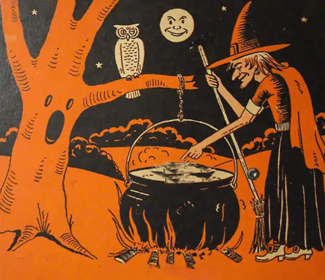 Halloween Witch Pot Owl Moon Orange and Black  vintage art
