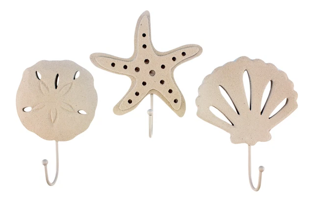 Cream Sealife Starfish Scallop Seashell Wall Hooks Resin 7 Inch Set of 3