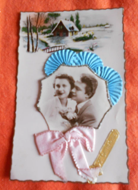 Antique CPA Saint Catherine Postcard Couple + Fans, Fabric Ribbon