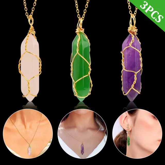 3x Quartz Crystal Pendant Necklaces Healing Stone Natural Gemstone Jewelry Chain