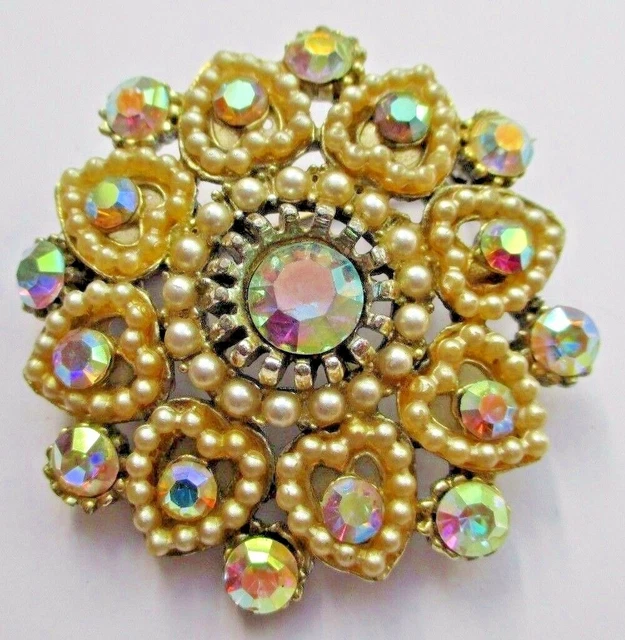 Broche Vintage Ronde En Perle Nacrée Et Cristaux - Style Années 40, état Parfait