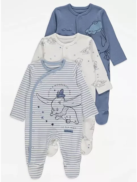 Disney Dumbo Baby Boys 3 pack Sleepsuits.  0-3m, 3-6m, 6-9m.  BNWT