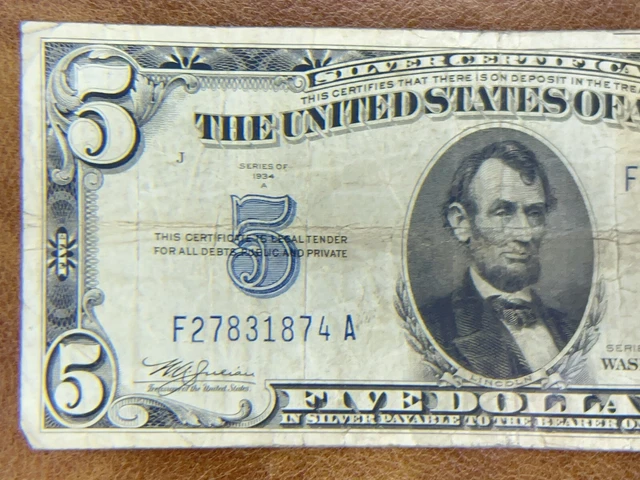 1934 A Five Dollar Blue Seal Note Silver Certificate Old US Bill $5