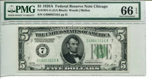 Fr 1951-G 1928A $5 Federal Reserve Pmg 66 Epq Gem Uncirculated
