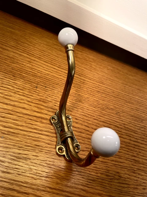 Vintage Brass Double Towel Hanger with Porcelain Knobs Reclaimed
