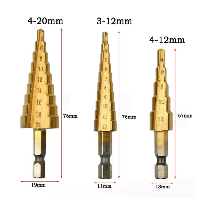 3PCS HSS Step Cone Drill Titanium Steel Metal Hole Cutter Bit Set 4-20mm Pouch