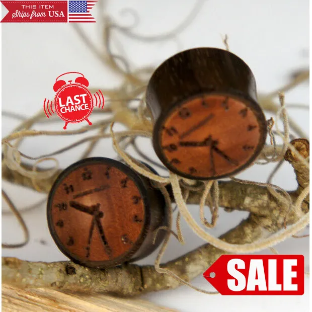 PAIR Sono Wood Clock Dial Handmade Double Flare Ear Plugs Gauges 0G-13/16" USA
