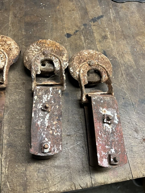 Antique Old Myers Stay On Ok cast iron Barn Door Rollers Hangers 2 Pairs 2 Sets 3