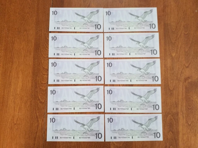 1989 Ten Consecutive Canada 10 Dollar Uncirculated Bonin Thiessen  Banknote
