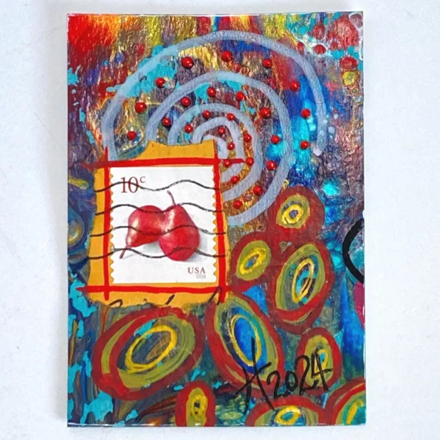 ACEO Original Mixed Media Art 2016 Red Pears US Postage Stamp ATC