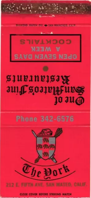 The York One of San Mateo's Fine Restaurants Cocktails Vintage Matchbook Cover