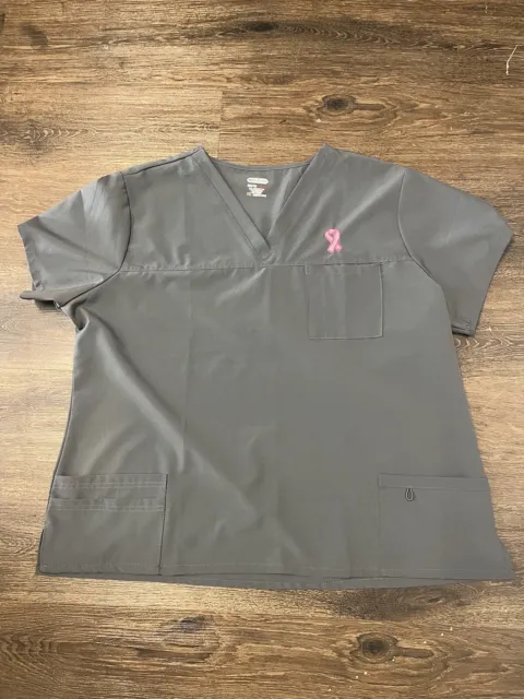 Women’s Breast Cancer Pink Ribbon Grey V-Neck Scrub Shirt- Size 3XL Stretchy Top