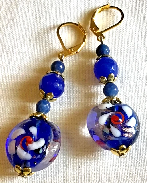 Boucles D’oreilles Pendantes Perles Verre Millefiori Bleues – Dormeuses Argent