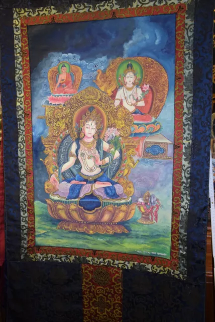 Thangka Tibet White Tara auf Lotusthron/Amitabha/buddhist Symbole/Min.mal.142x89