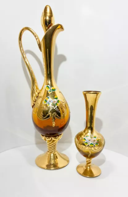 Murano Venetian Hand Decorated Gold and Amber Decanter and Bud Vase Made in Ital