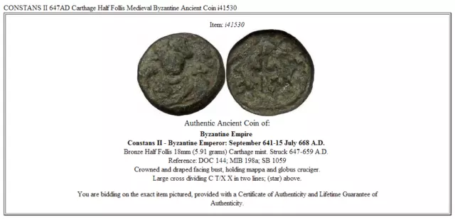 CONSTANS II 647AD Carthage Half Follis Medieval Byzantine Ancient Coin i41530 3