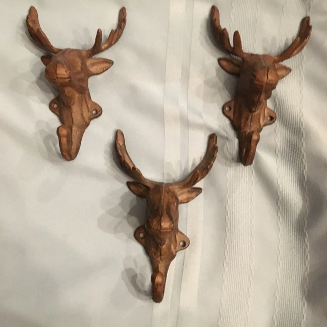 Set Of Three Cast Iron 3D Elk/Moose Head Mount Design Key Hat Towel Holder Hooks