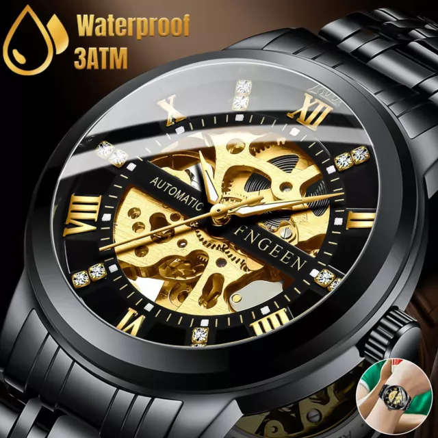 Luxury Stainless Steel Gold Tone Skeleton Automatic Mechanical Wrist Watch Men's