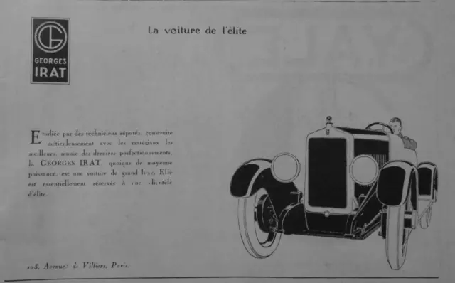 Publicité De Presse 1924 Georges Irat Voiture De L'élite