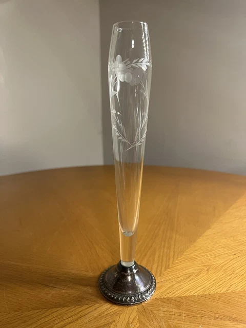 Vintage Crystal Bud Skinny Vase With Sterling Silver Base With Frost Print Flora