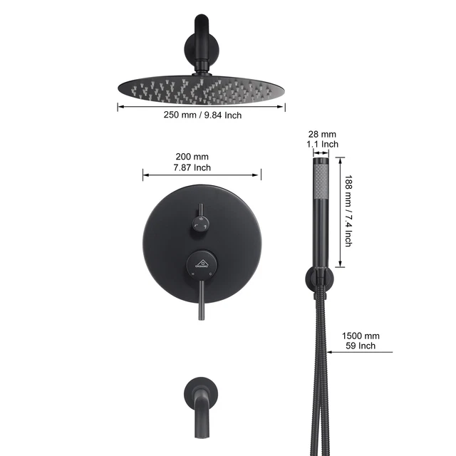 CASAINC 10in Round Wall Mount Waterfall Built-In Shower System w/ 3-way Diverter