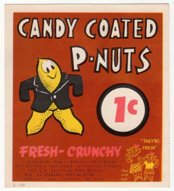 Vintage COIN-OP Ad Card: "CANDY COATED P-NUTS - 1 CENT" [Brown Background]