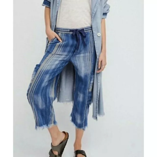 Free People Glory Days Blue Striped Linen Frayed Cargo Drawstring Capris Sm