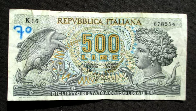 Old Banknote Of Italy 500 Lire 1967 Arethusa