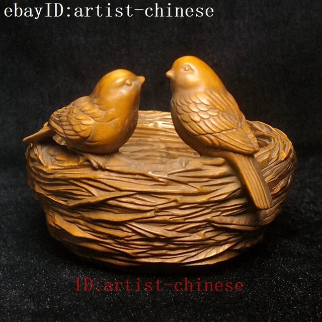 Old Chinese Boxwood Hand Carved Bird bird's Nest Statue Love Gift Collection 8CM
