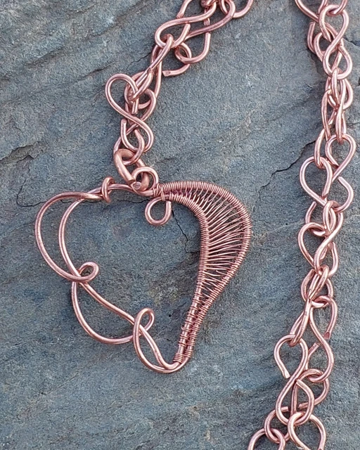 Copper Wirewrapped Heart Shape Stunning Handmade pendant With Solid Thick Chain