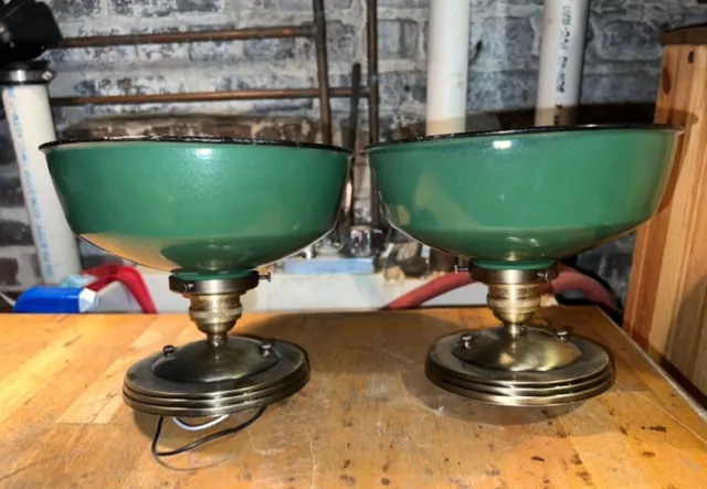 1930’s Pair Art Deco Flush Mount Light Green Porcelain Machine Shop fixture