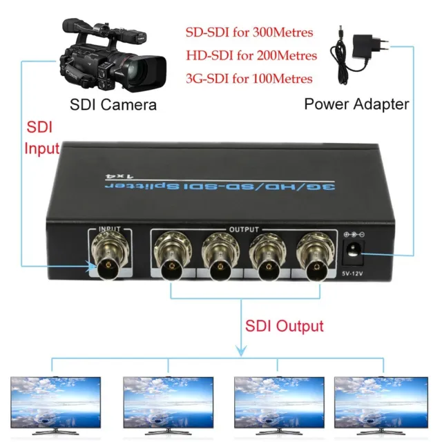 1080P SDI Splitter 1x4 1 SD/HD/3G-SDI signal input to 4 SDI output+Power Adapter
