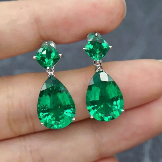 4Ct Pear Lab Created Green Emerald Drop Dangle Earrings 14k White Gold Plated