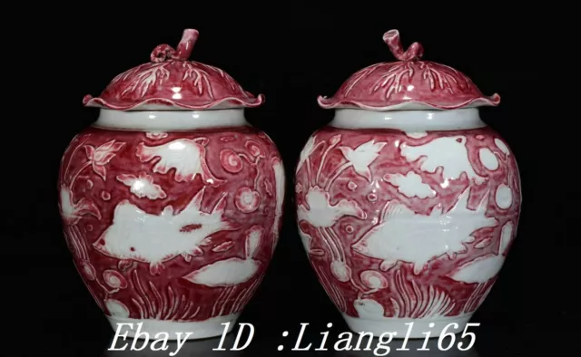 7" Alte China Dynastie Red Glaze Porzellan Fengshui Fisch Crock Topf Paar