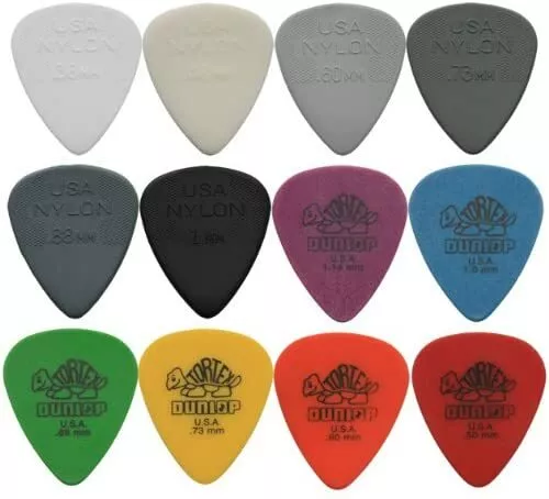 12 x Jim Dunlop Tortex & Nylon Guitar Picks - 8 Sizes Pack Top Quality Plectrums