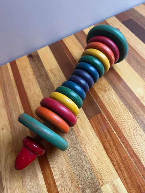 Vintage Rare Wooden Ring Rainbow Colors Toy Rattle