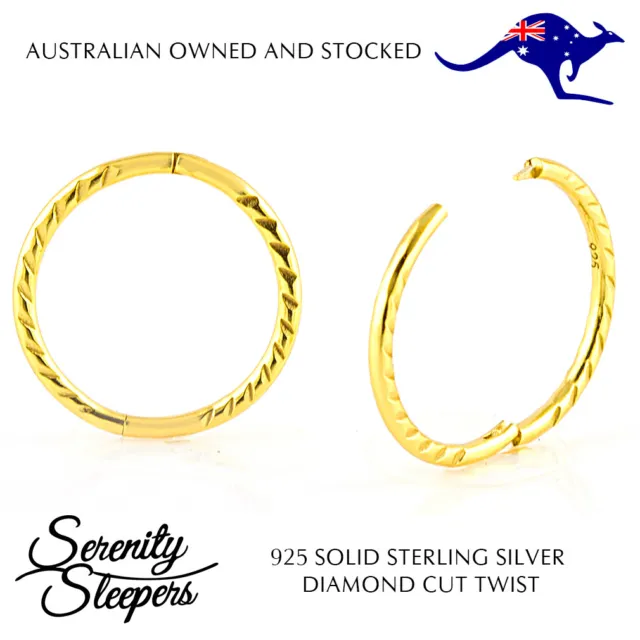 24K Gold Plated On Sterling Silver 925 Twist Sleeper Hoop Earrings (Pair) NEW