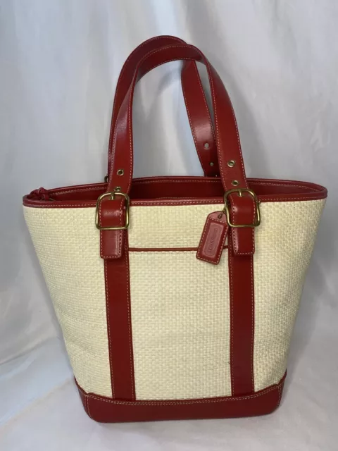 Coach Hampton Cream Straw Red Leather Tote Bag Summer Purse