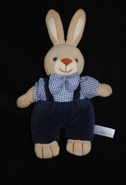 Peluche doudou lapin bleu carreau Priscilla Larsen JOLLYBABY hochet 26 cm TTBE