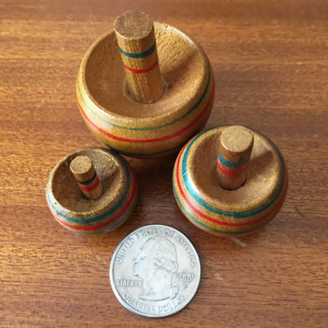 Lot Of 3 Vintage Wooden Spinning Tops