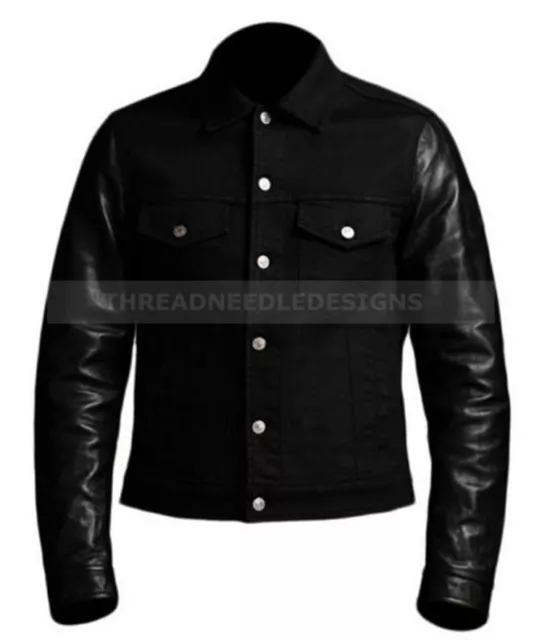Mens David Beckham Denim Jacket With Leather Sleeves