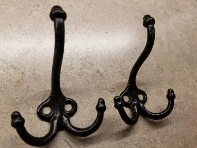 2 Vintage Matching Black Iron Triple Acorn Coat Hooks Schoolhouse Hat Hooks